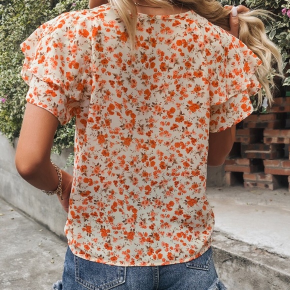 Bohemian Orange Ditsy Floral Butterfly Sleeve Blouse - Picture 4 of 11